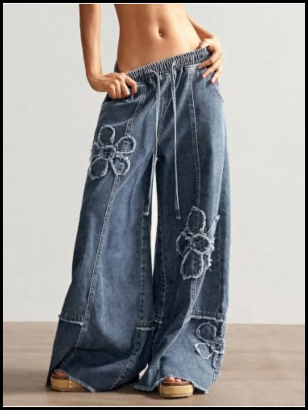 Y2K Floral Baggy Wide Leg Jeans Low Rise Drawstring Elastic Waist Denim Pants